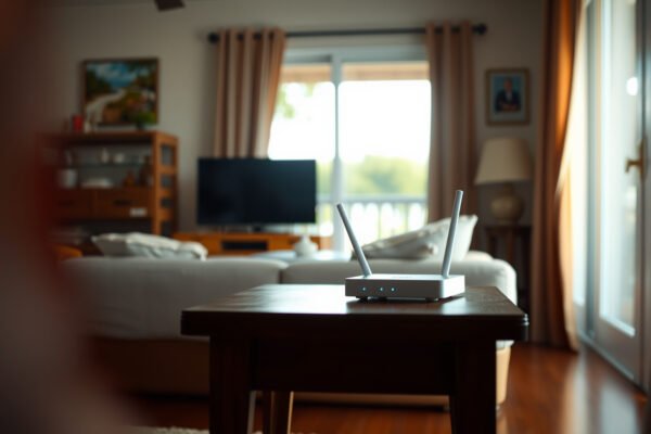 A modern mesh Wi-Fi system setup in a cozy vacation home, ensuring strong internet connectivity.