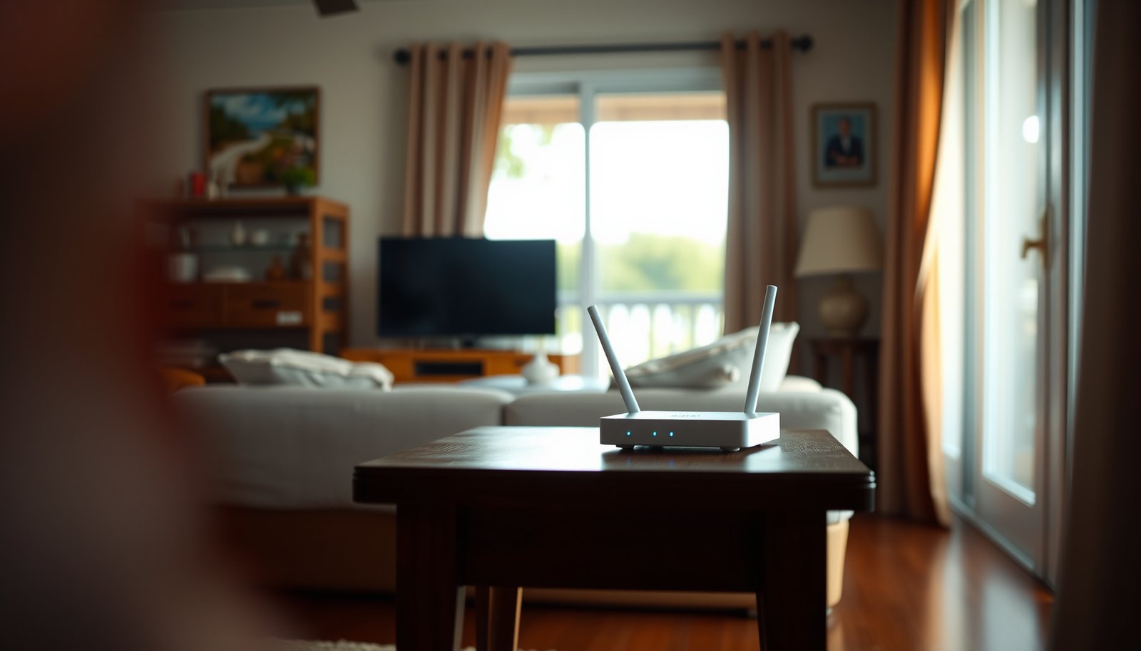 A modern mesh Wi-Fi system setup in a cozy vacation home, ensuring strong internet connectivity.