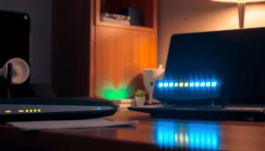 A close-up of a modem with blinking lights, illustrating common issues and fixes for connectivity problems.