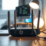 A modem setup with indicators showing high latency issues and potential fixes.