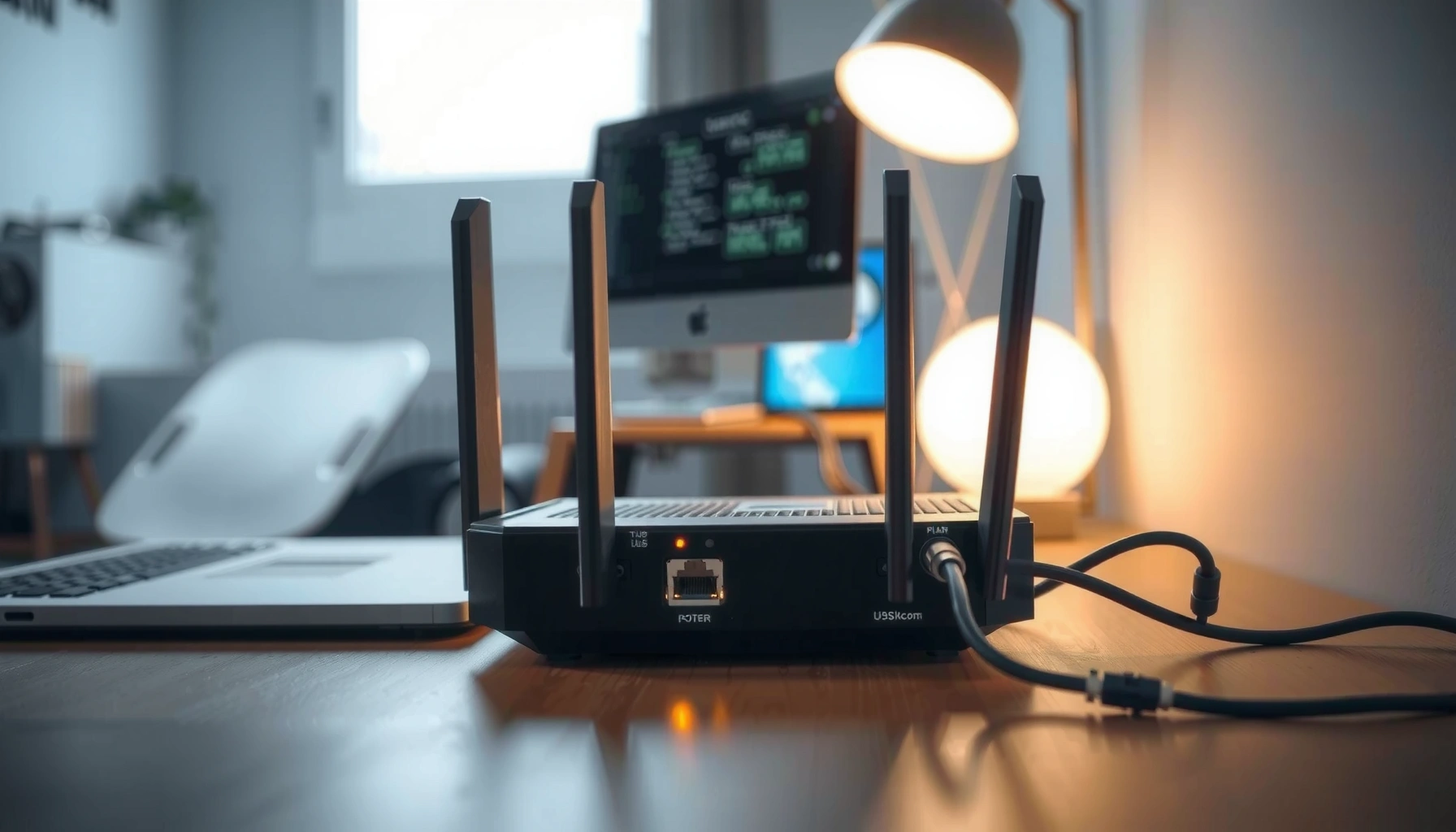 A modem setup with indicators showing high latency issues and potential fixes.