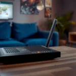 Illustration of a modem displaying no internet connection, highlighting troubleshooting steps for users.