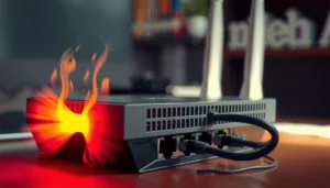 A modem with warning signs indicating overheating issues and solutions for prevention.
