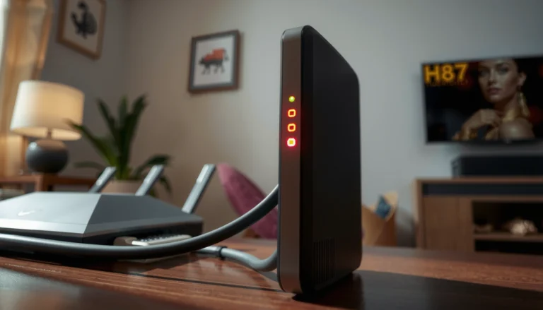 A close-up of a modem with a blinking power light, indicating troubleshooting steps for connectivity issues.