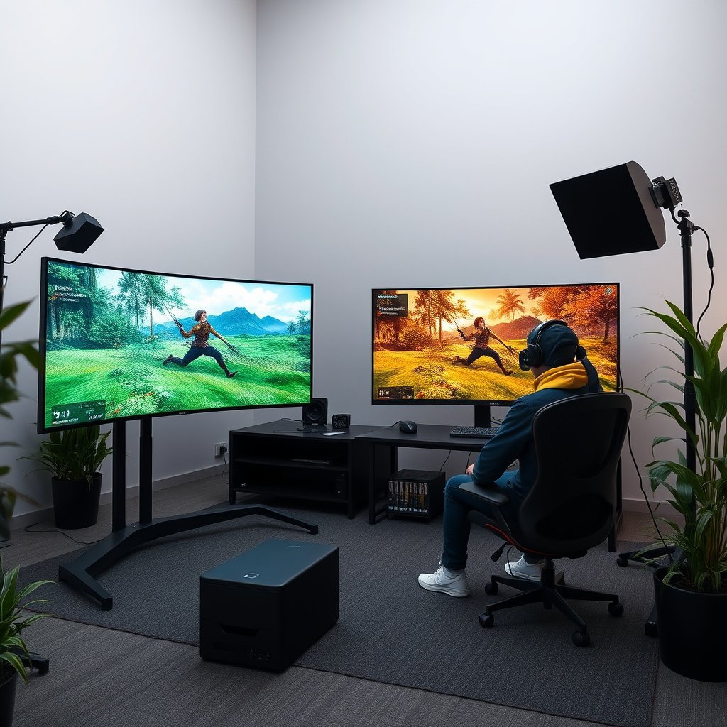 Comparison of OLED and QLED gaming picture quality showcasing vibrant colors and contrast differences.