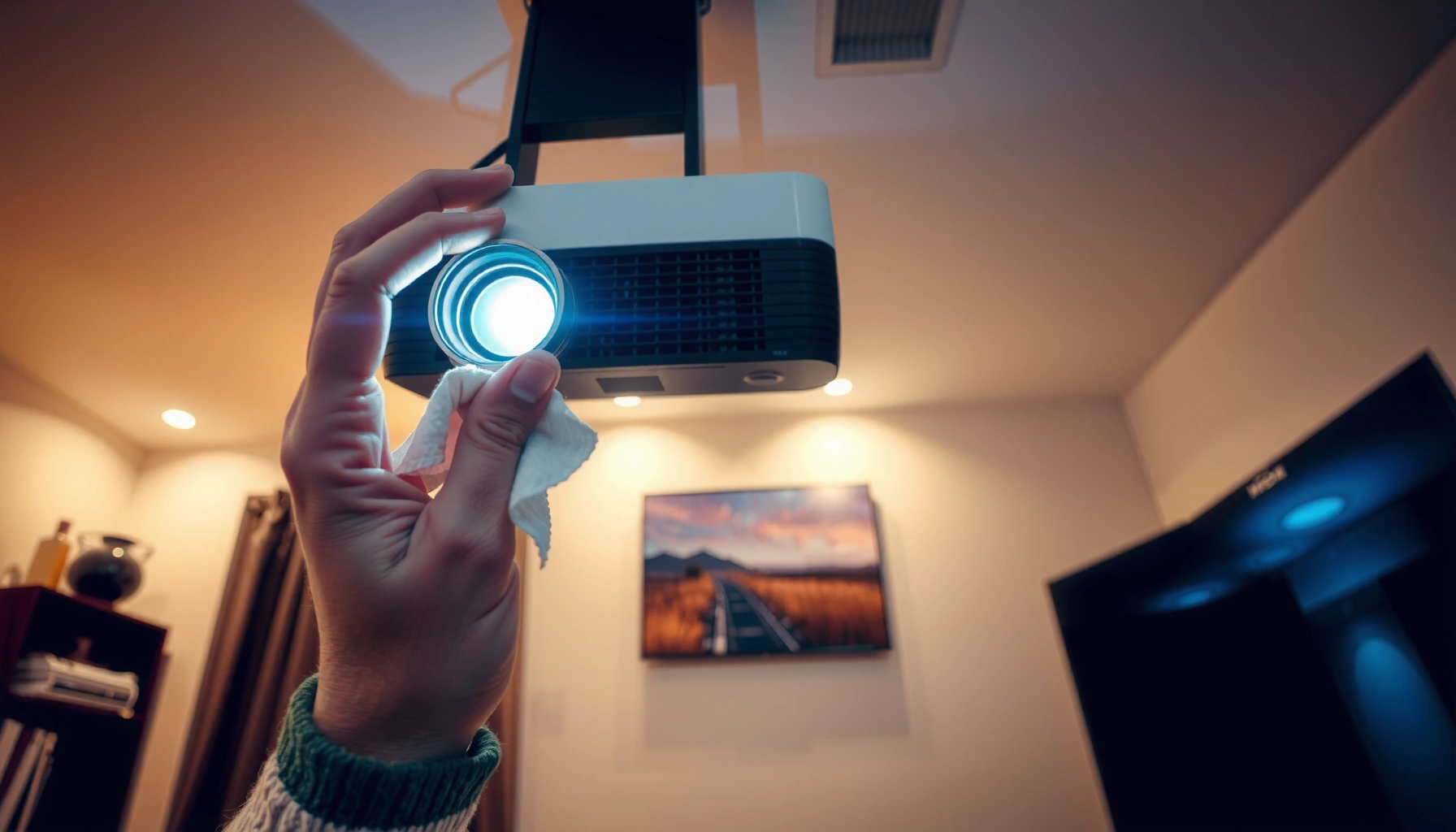 A person troubleshooting common home projector problems with tools and manuals.