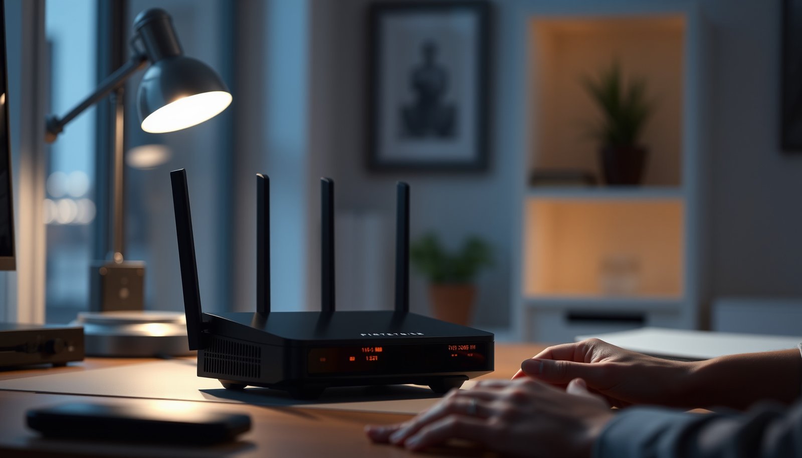 Illustration of a secure router preventing hacking attempts with security measures.