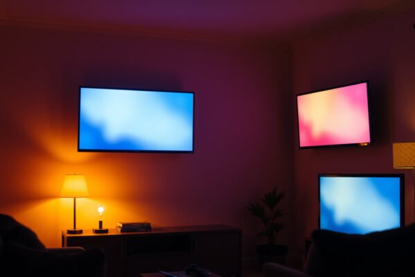 Comparison of QLED and LED TVs in a small room setting, highlighting space efficiency and viewing experience.