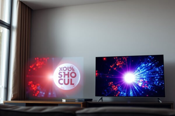 Comparison of Bright Room QLED and Mini-LED displays showcasing brightness performance.
