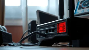 Illustration of a red modem light indicating connectivity issues, part of troubleshooting guide.