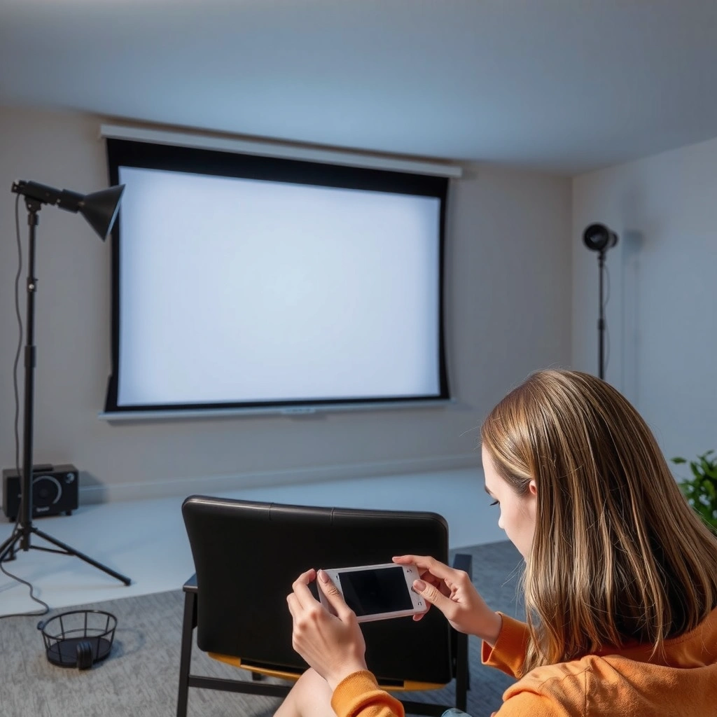 Diagram illustrating room setup for projector including screen size, distance, and throw calculations.