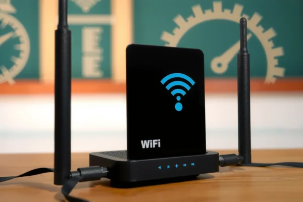 A router placed at different heights to examine its impact on Wi-Fi speed performance.
