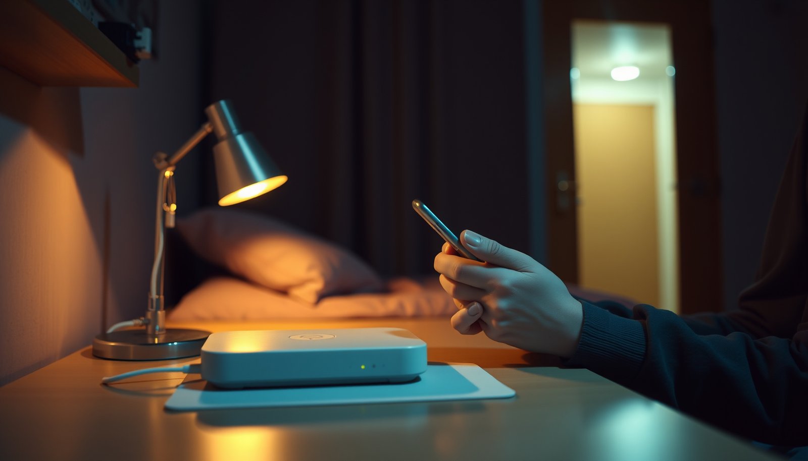 Student securing Wi-Fi connection in a dorm room for better online safety.
