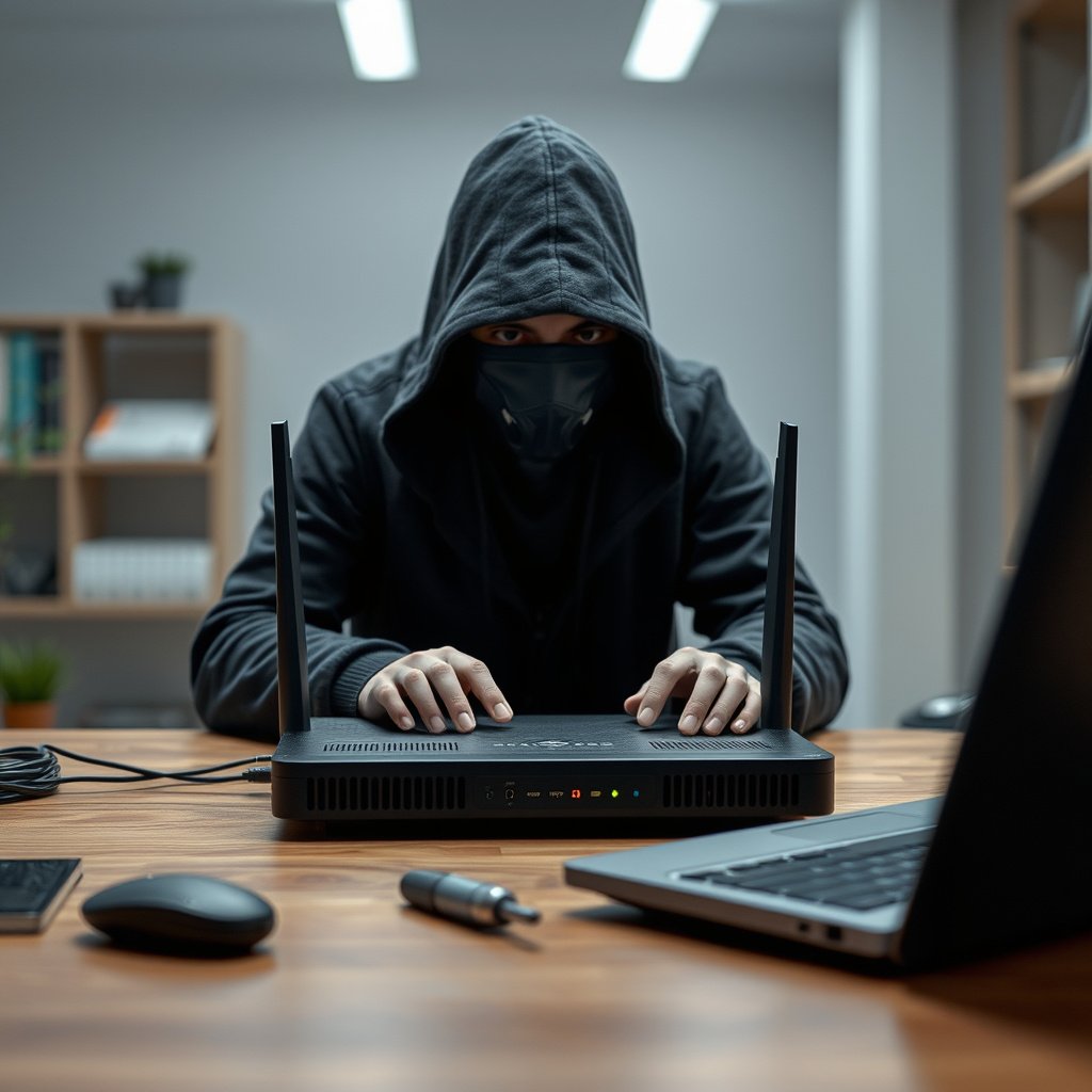 Image illustrating router firmware update and secure Wi-Fi password setup for enhanced security.