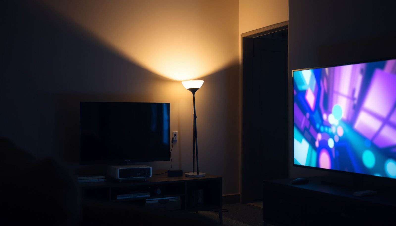 Comparison of a small TV and a portable projector for small spaces.