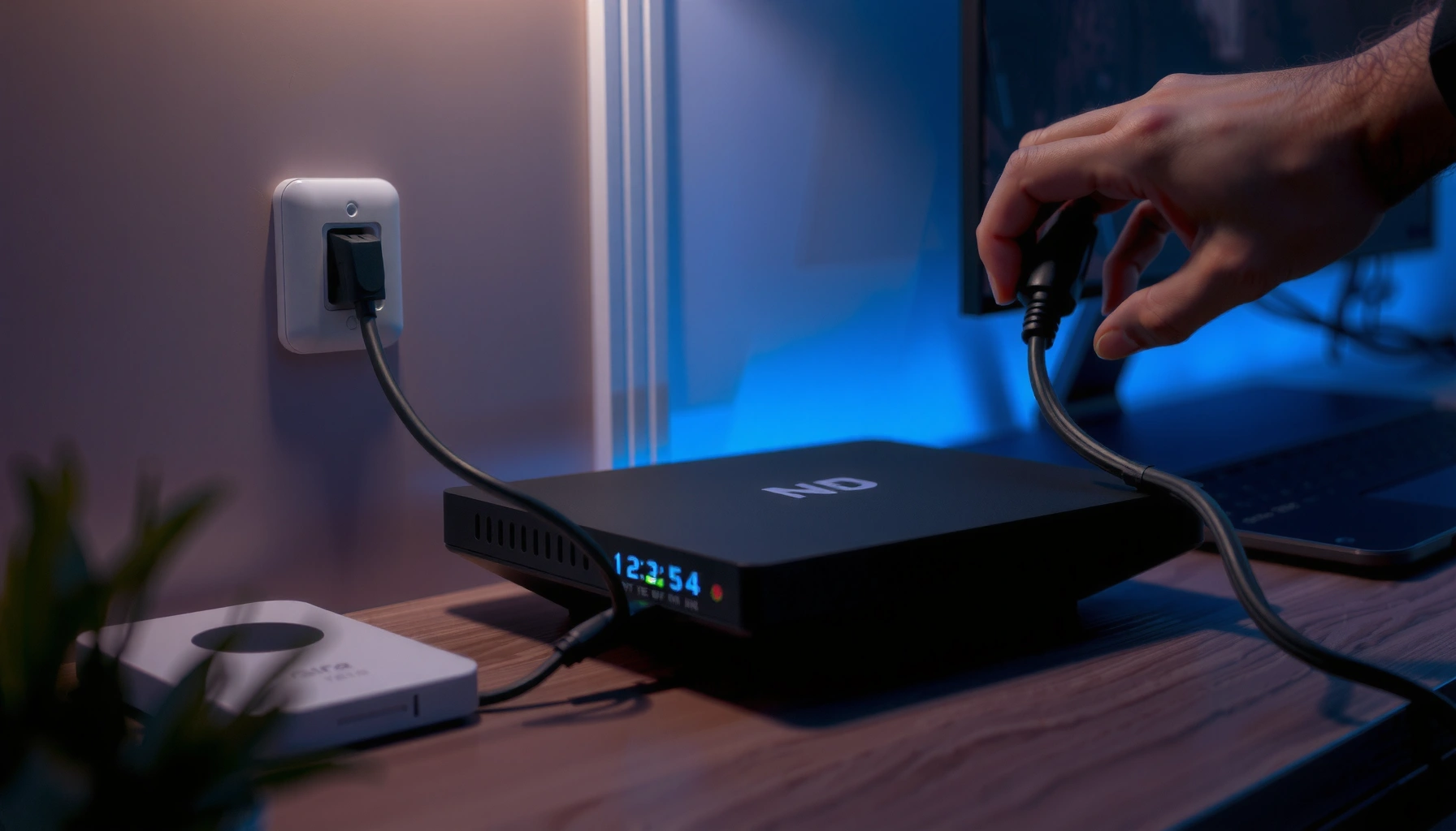 A person unplugging a modem to reset internet connection duration.