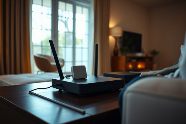Illustration of how to integrate mesh networking with a modem router combo for better Wi-Fi coverage.