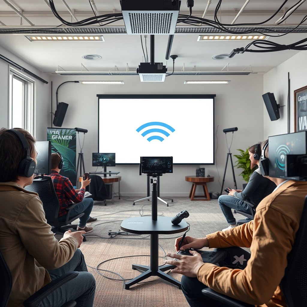 A group of gamers using mesh Wi-Fi for seamless online gaming experience.