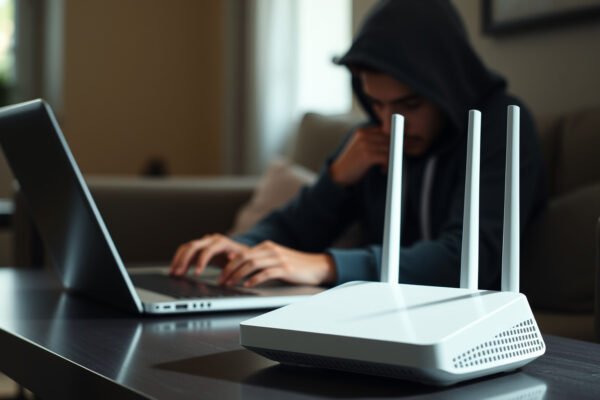 Illustration depicting Wi-Fi hacking signs and prevention methods for home networks.