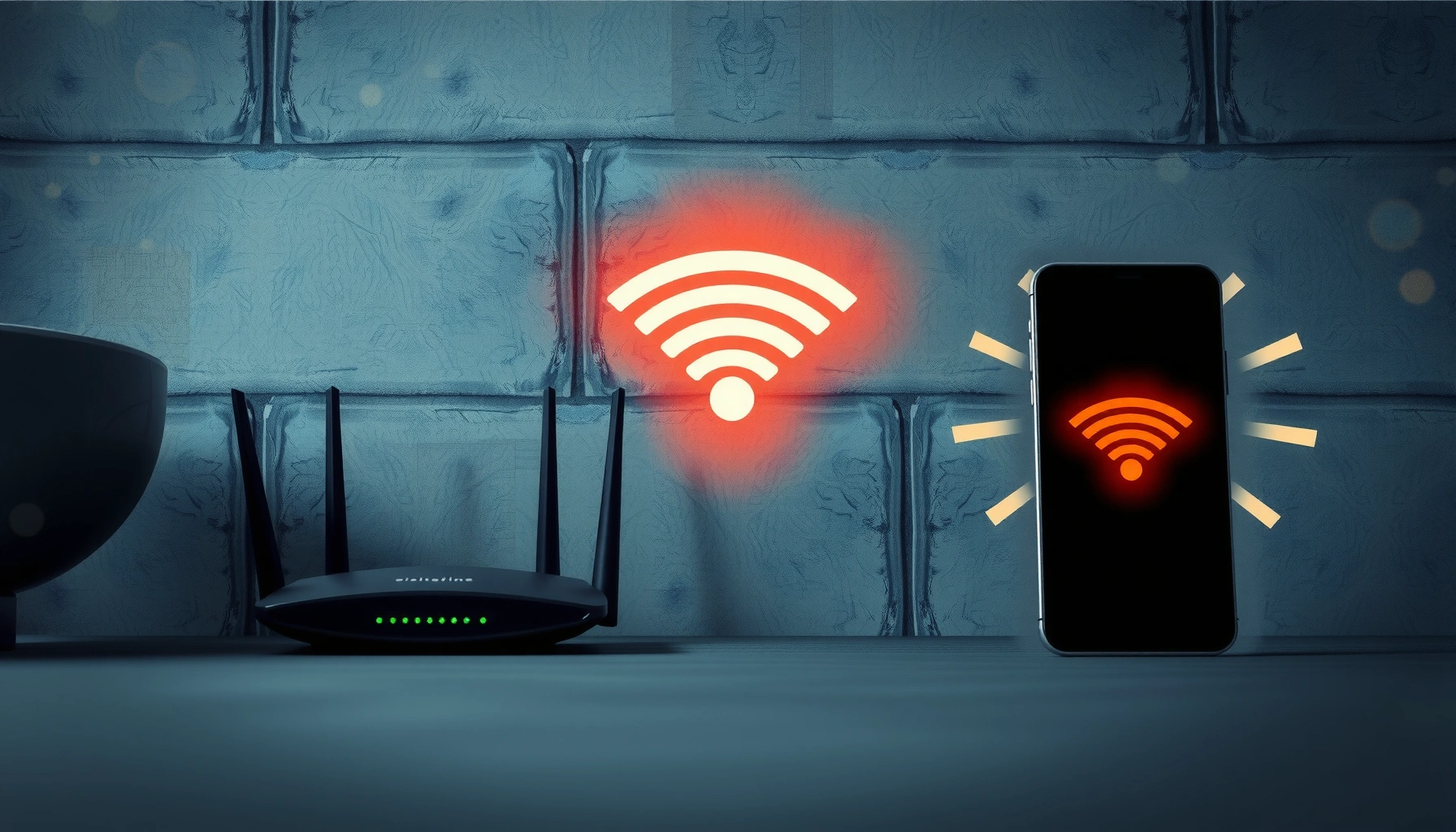 Illustration of Wi-Fi signal strength diminishing through walls, highlighting interference and obstacles.