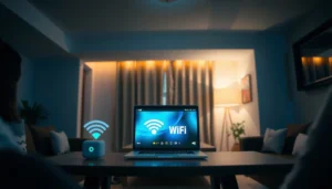 Illustration showing Wi-Fi signals weakening in different rooms and solutions to improve connectivity.