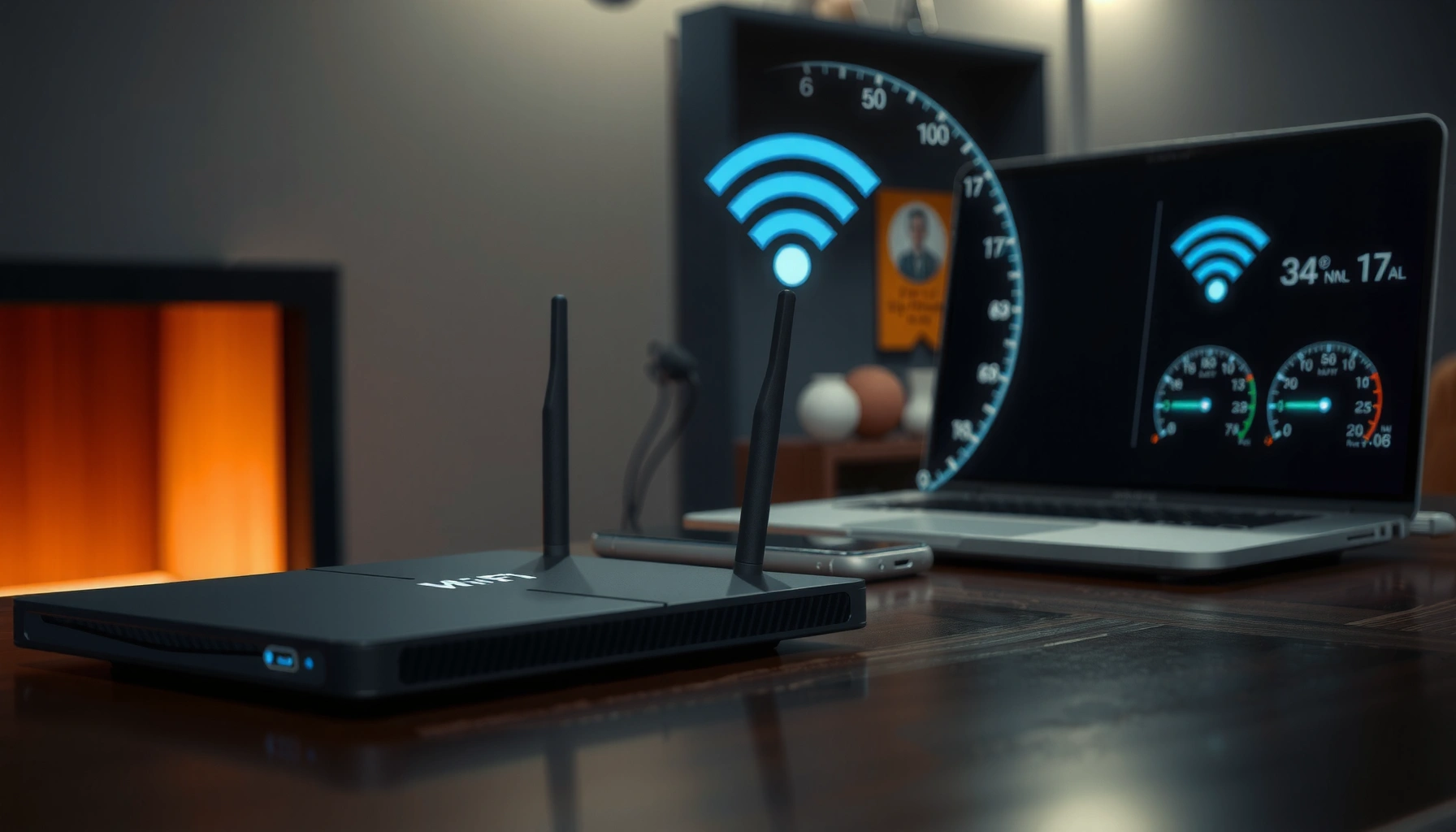 Illustration showing Wi-Fi speed differences near a router versus farther away.