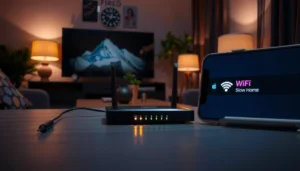 A person troubleshooting slow Wi-Fi connection with a laptop and router.