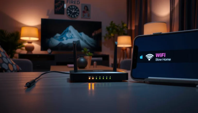 A person troubleshooting slow Wi-Fi connection with a laptop and router.