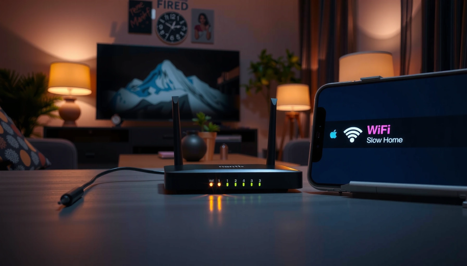 A person troubleshooting slow Wi-Fi connection with a laptop and router.